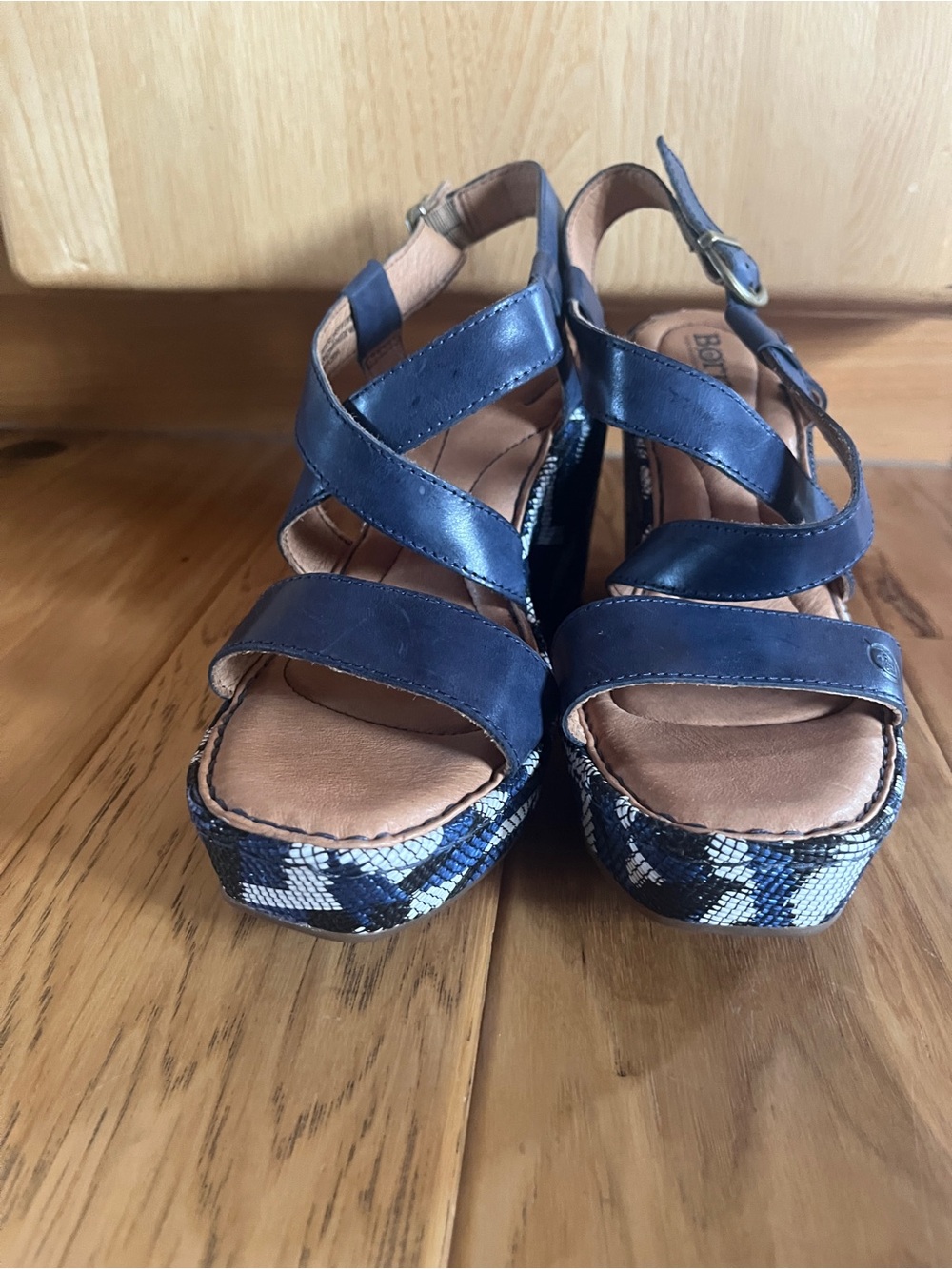 Born brand, blue leather platform wedge sandals. Like new.